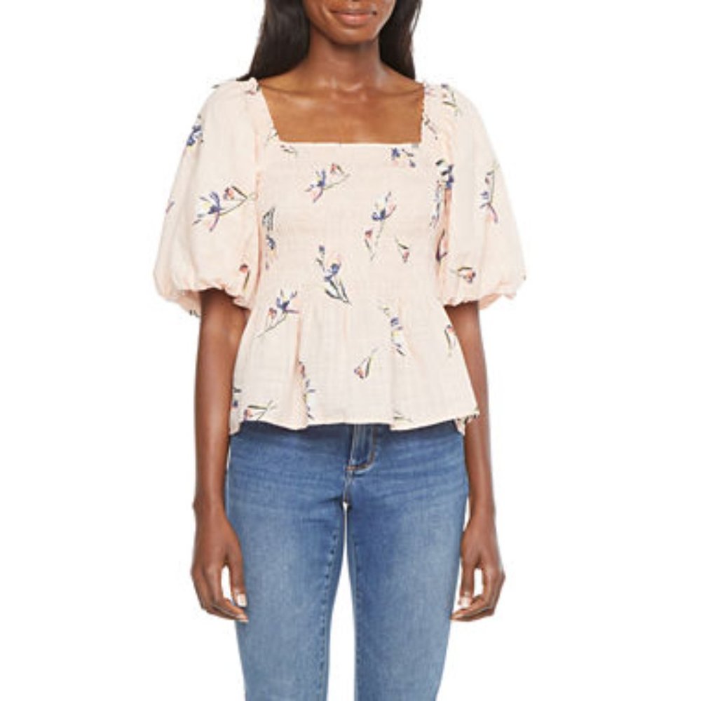 Women's Puff Sleeve Floral Peplum Blouse Top Size Large Brand New